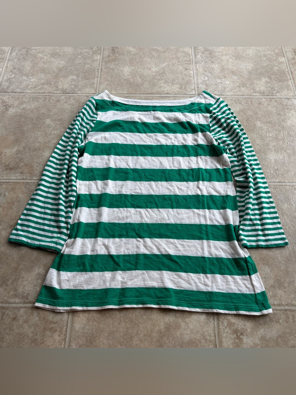 LOFT Green and White Striped Long Sleeve Top